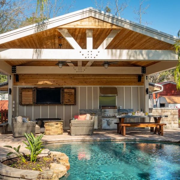 backyard pool and kitchen